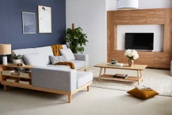 Miliboo Ecksofa 5-Sitzer mit Stauraum hellgrauer Stoff mit strukturiertem Samteffekt und helles Holz KOMAO.* Ecksofas