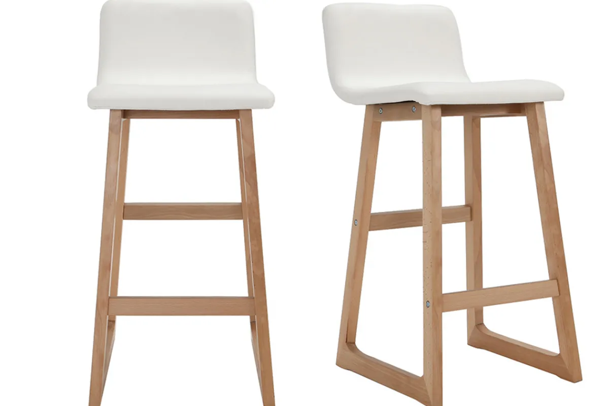 Miliboo 2er-Set Barhocker helles Holz und PU Weiß OSAKA* Barhocker