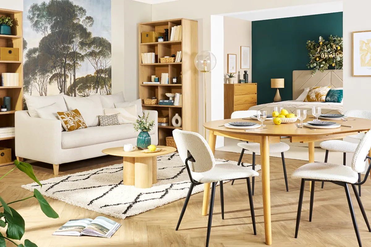 Miliboo Erweiterbarer Tisch mit integrierten Verlängerungen rund aus hellem Holz mit Eichenfurnier B115-154 cm EGO* Ausziehtische