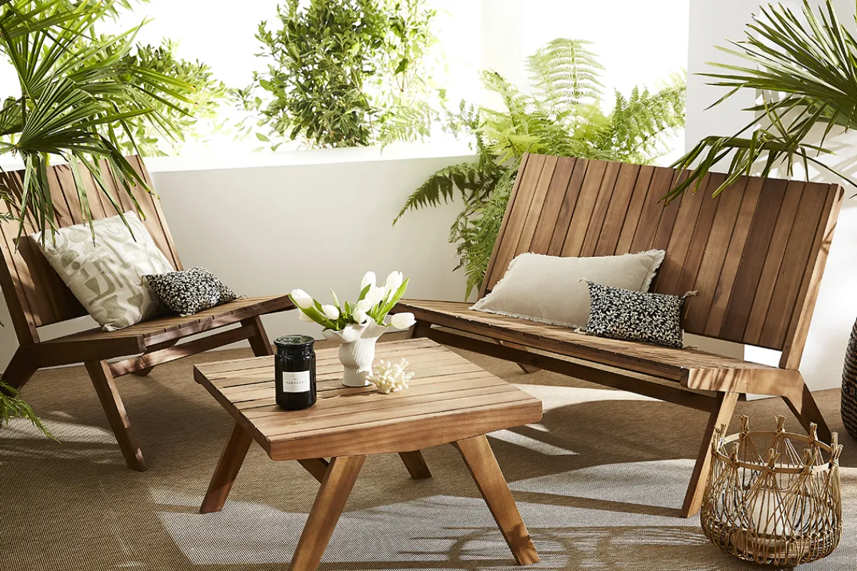 Miliboo Gartenmöbel Bank 2-Sitzer und Couchtisch aus Massivholz TIDAK* Garten Lounge-möbel
