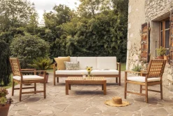 Miliboo Gartensofa 3-Sitzer Massivholz und beigefarbene Kissen L190 cm AKIS* Garten Lounge-möbel