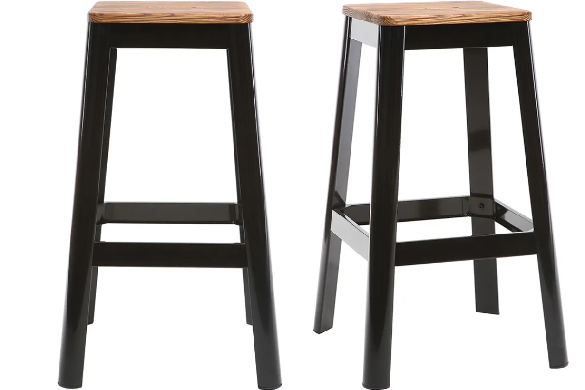 Miliboo Industrial-Barhocker aus schwarzem Metall und Holz H75 cm (2er-Pack) NICK* Barhocker