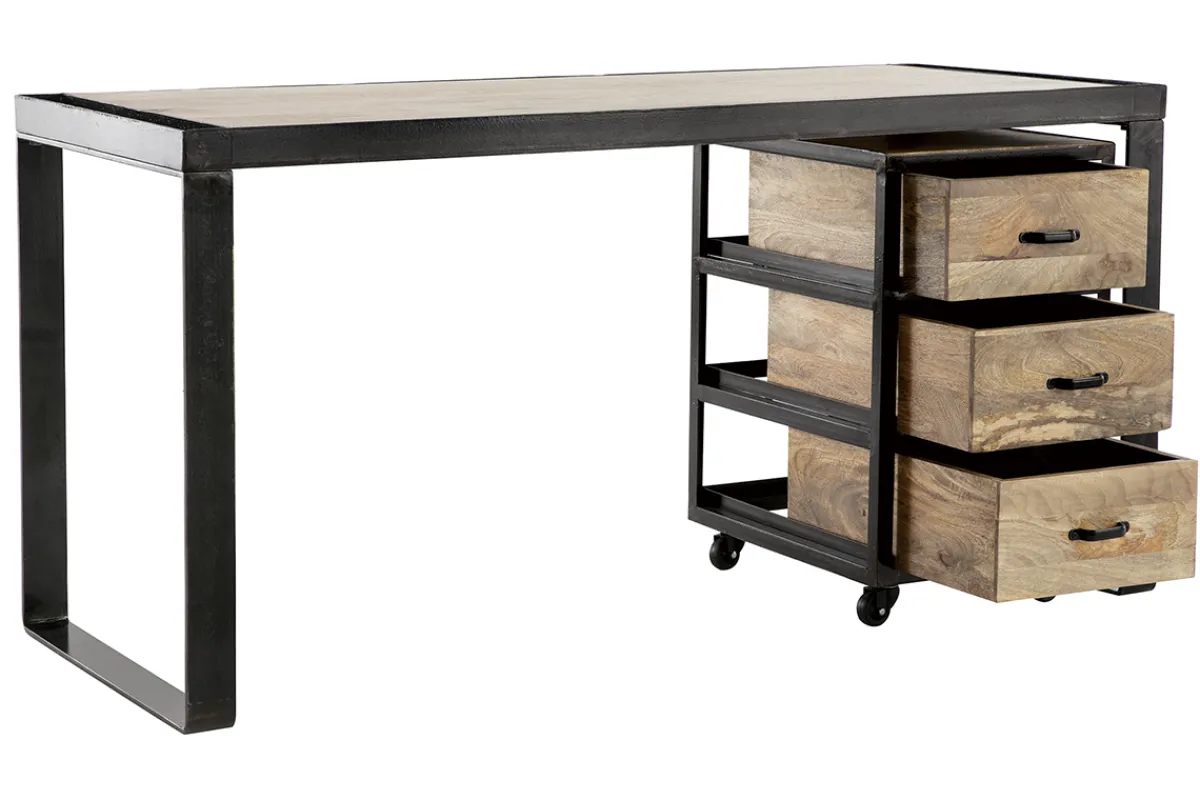 Miliboo Industrial-Schreibtisch mit beweglichen Schubladenelementen aus massivem Mangoholz L156 cm INDUSTRIA* Design-schreibtische