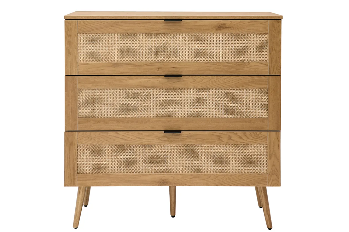 Miliboo Kommode aus hellem Holz, Rattangeflecht und schwarzem Metall 3 Schubladen L100 cm MANILLE* Kommoden|Kommoden