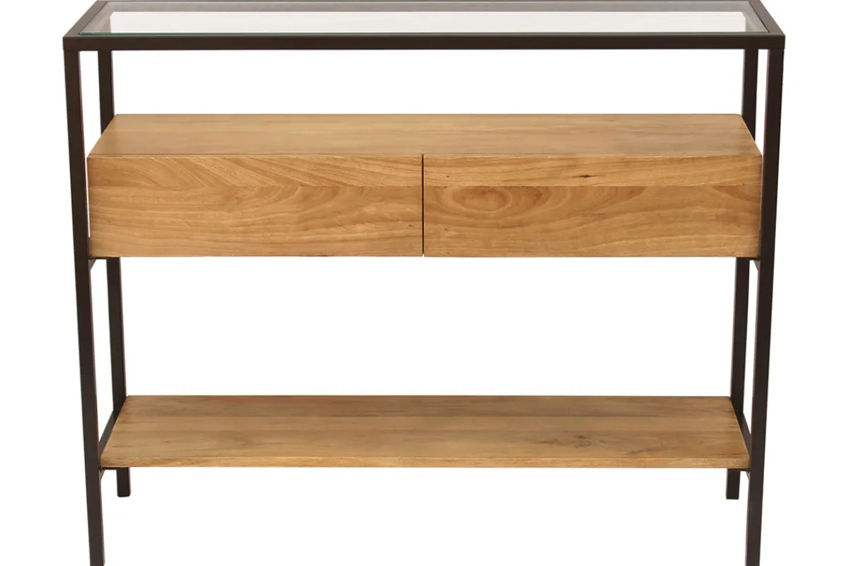 Miliboo Konsole aus massivem Mangoholz und Glasplatte 2 Schubladen B100 cm SITA* Konsolentische