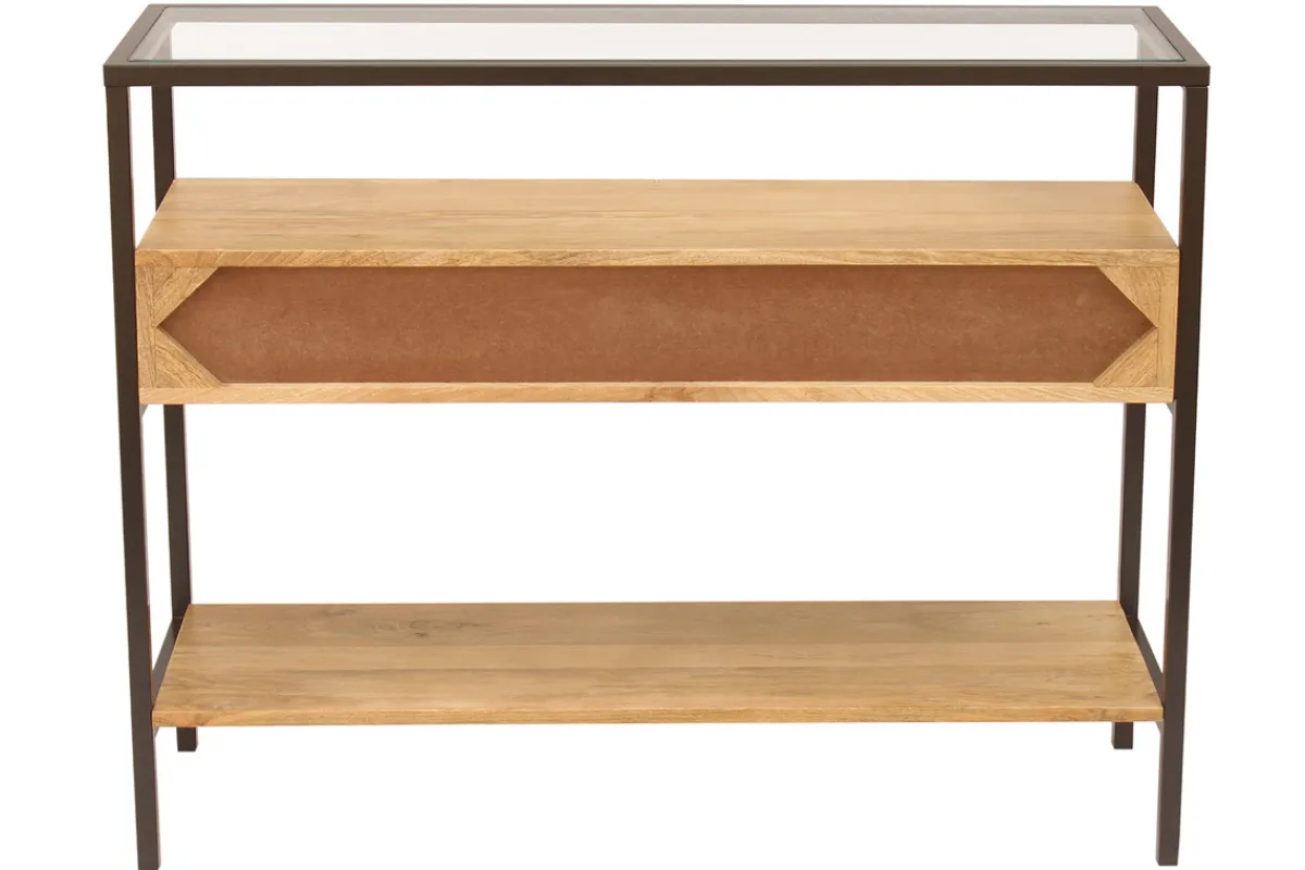 Miliboo Konsole aus massivem Mangoholz und Glasplatte 2 Schubladen B100 cm SITA* Konsolentische