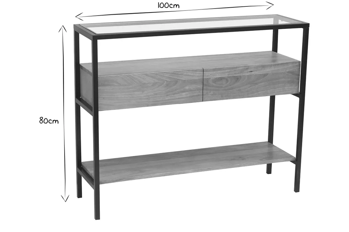 Miliboo Konsole aus massivem Mangoholz und Glasplatte 2 Schubladen B100 cm SITA* Konsolentische