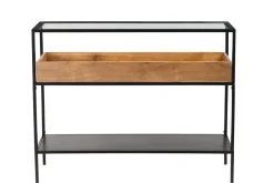Miliboo Konsole aus schwarzem Metall mit Glasplatte und Fach aus Massivholz L100 cm HAORA* Konsolentische