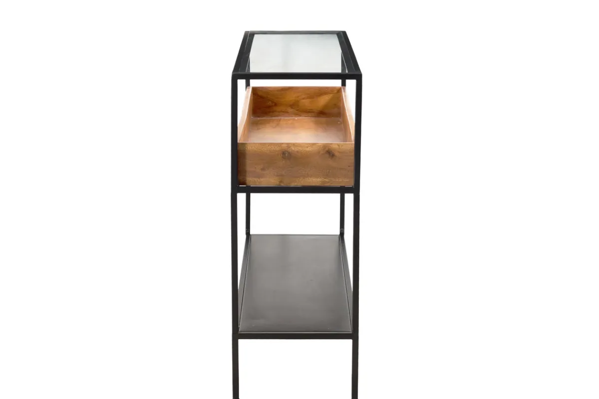 Miliboo Konsole aus schwarzem Metall mit Glasplatte und Fach aus Massivholz L100 cm HAORA* Konsolentische