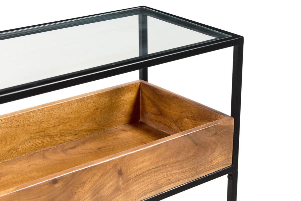 Miliboo Konsole aus schwarzem Metall mit Glasplatte und Fach aus Massivholz L100 cm HAORA* Konsolentische