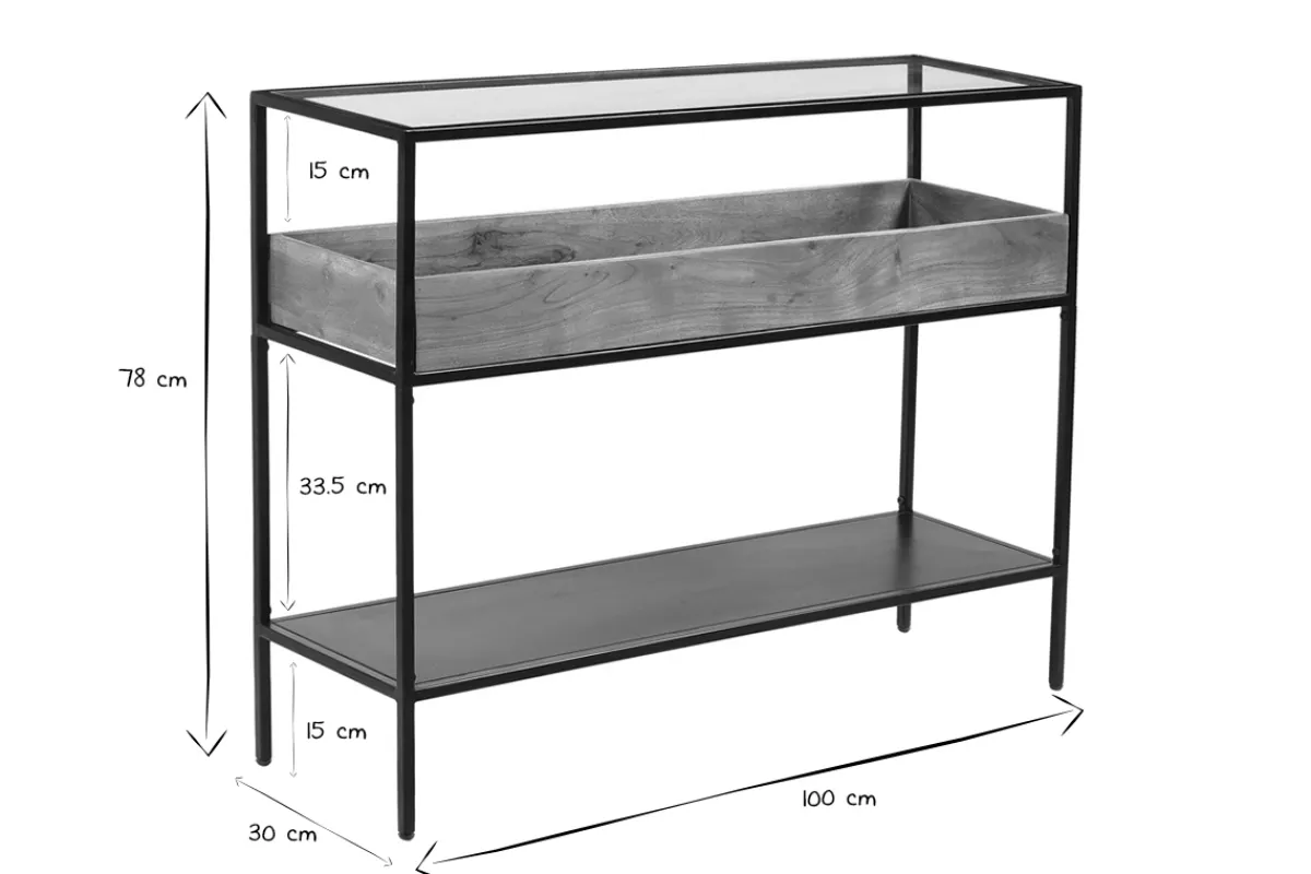 Miliboo Konsole aus schwarzem Metall mit Glasplatte und Fach aus Massivholz L100 cm HAORA* Konsolentische