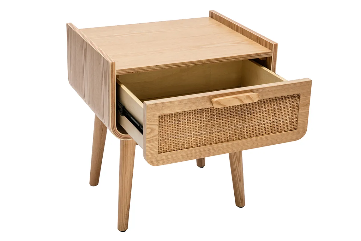 Miliboo Nachttisch mit Schublade aus hellem Massivholz und Rattangeflecht B50 cm ATHÈNE* Nachttische