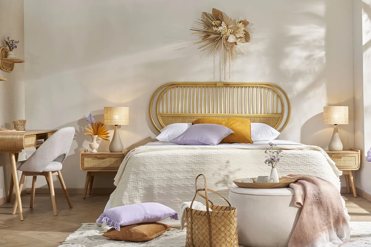 Miliboo Nachttisch mit Schublade aus hellem Massivholz und Rattangeflecht B50 cm ATHÈNE* Nachttische