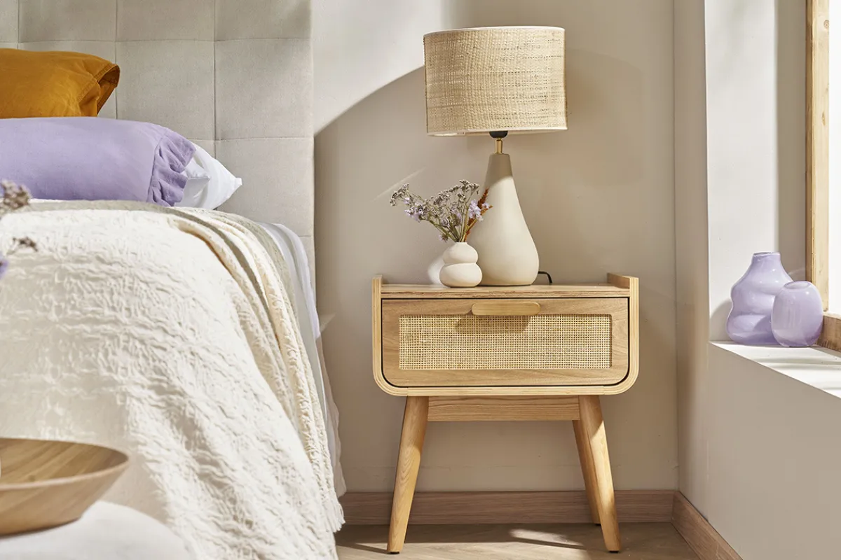 Miliboo Nachttisch mit Schublade aus hellem Massivholz und Rattangeflecht B50 cm ATHÈNE* Nachttische
