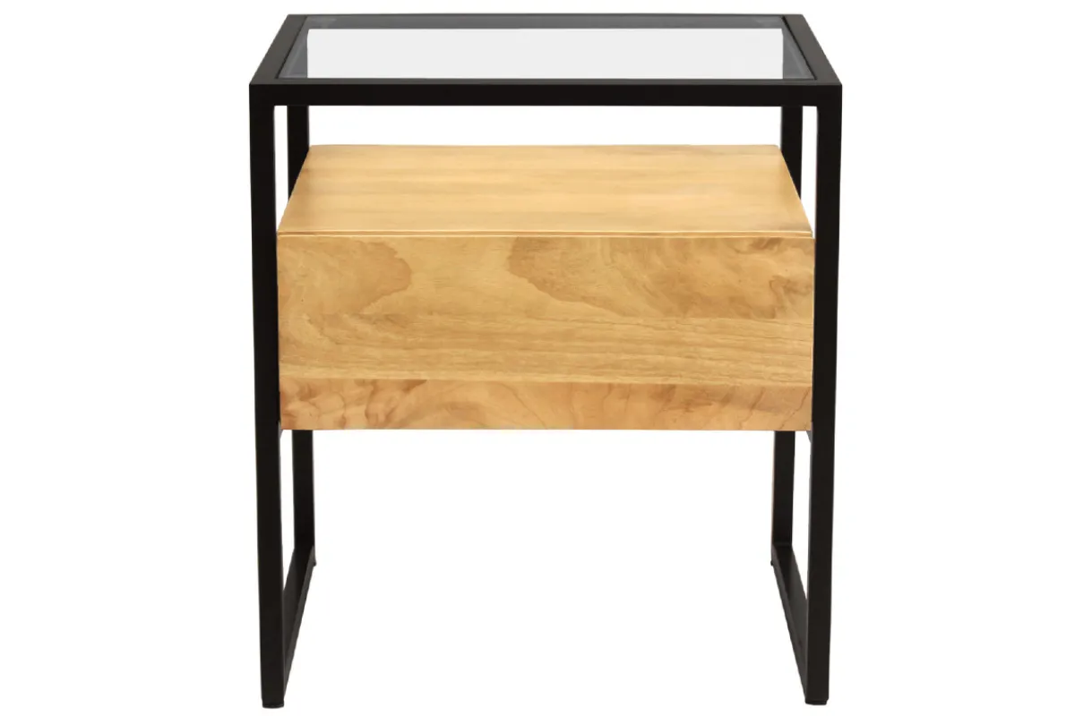 Miliboo Nachttisch mit Schublade aus massivem Mangoholz, Glas und schwarzem Metall B50 cm DIYA* Nachttische