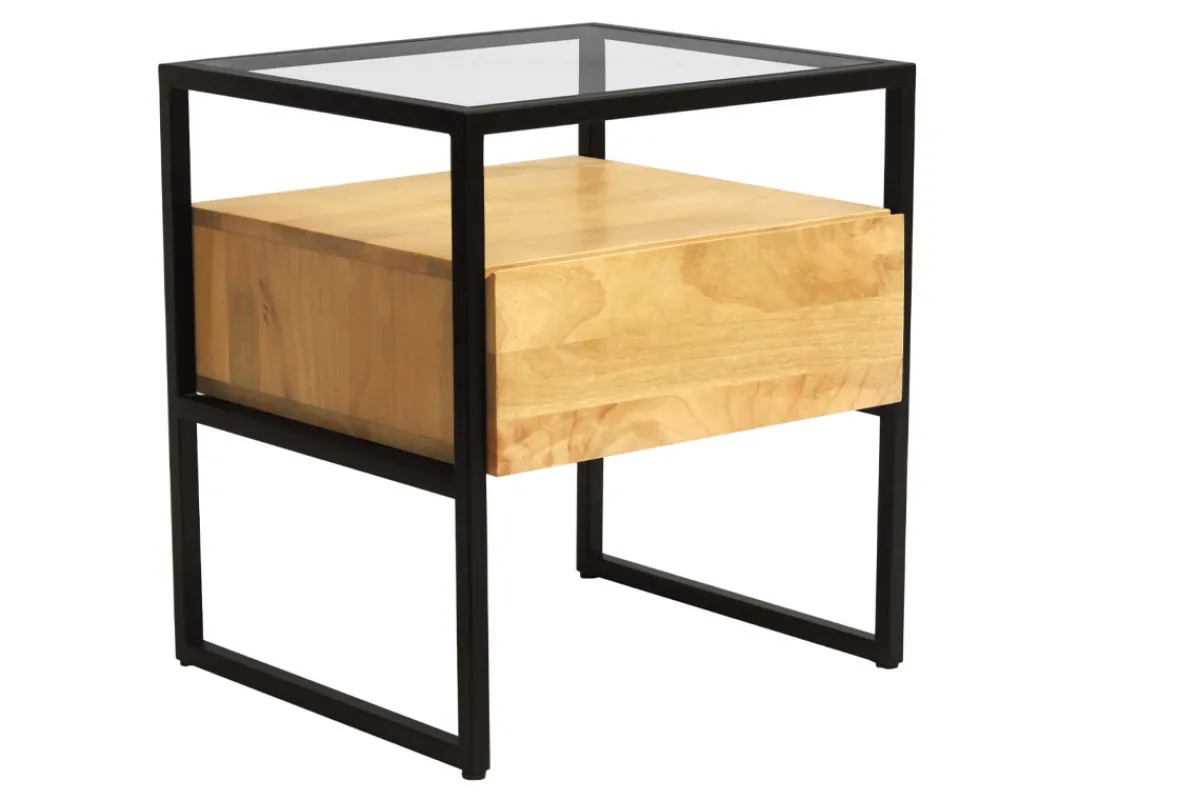 Miliboo Nachttisch mit Schublade aus massivem Mangoholz, Glas und schwarzem Metall B50 cm DIYA* Nachttische