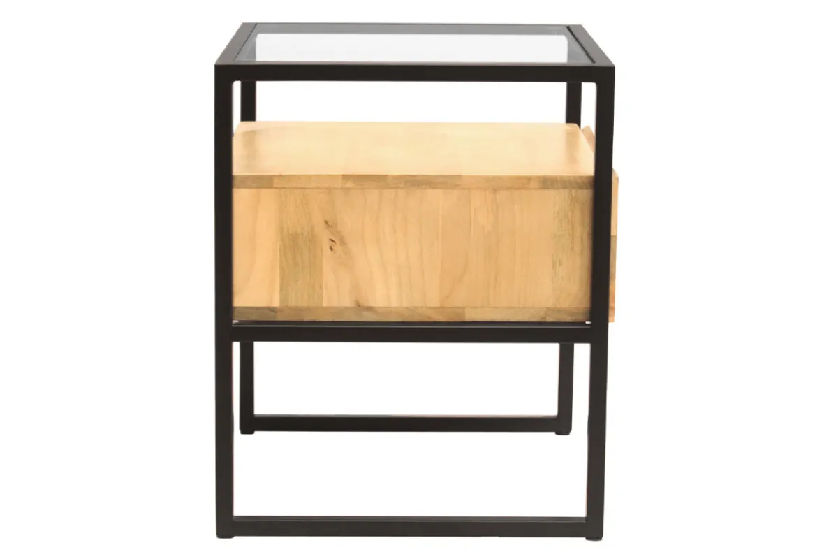 Miliboo Nachttisch mit Schublade aus massivem Mangoholz, Glas und schwarzem Metall B50 cm DIYA* Nachttische