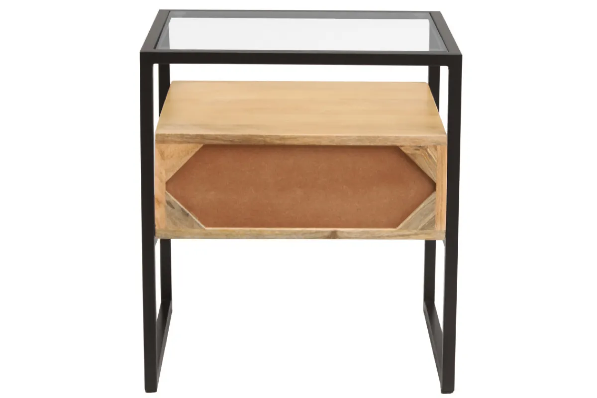 Miliboo Nachttisch mit Schublade aus massivem Mangoholz, Glas und schwarzem Metall B50 cm DIYA* Nachttische