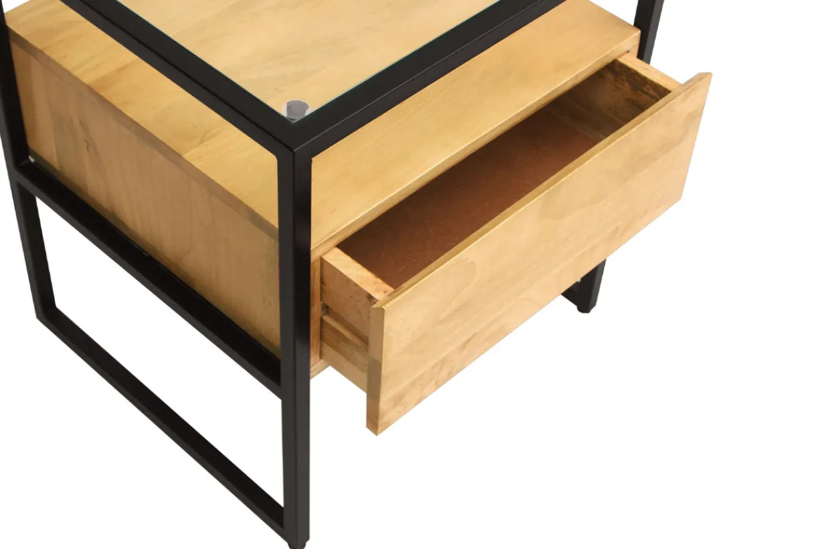 Miliboo Nachttisch mit Schublade aus massivem Mangoholz, Glas und schwarzem Metall B50 cm DIYA* Nachttische
