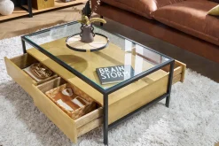 Miliboo Rechteckiger Couchtisch mit Stauraum aus massivem Mangoholz, Glas und schwarzem Metall B100 cm SITA* Couchtische