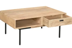 Miliboo Rechteckiger Couchtisch mit Stauraum 2 Schubladen aus hellem, massiven Mangoholz und schwarzem Metall B 100cm JUDE* Couchtische