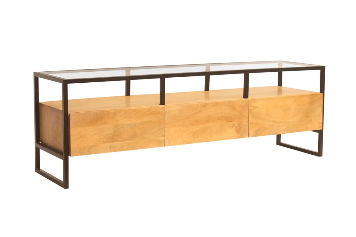 Miliboo Rechteckiges TV-Möbel mit Ablagefächern aus massivem Mangoholz, Glas und schwarzem Metall B150 cm DIYA* Tv-lowboards