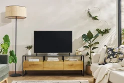 Miliboo Rechteckiges TV-Möbel mit Ablagefächern aus massivem Mangoholz, Glas und schwarzem Metall B150 cm DIYA* Tv-lowboards
