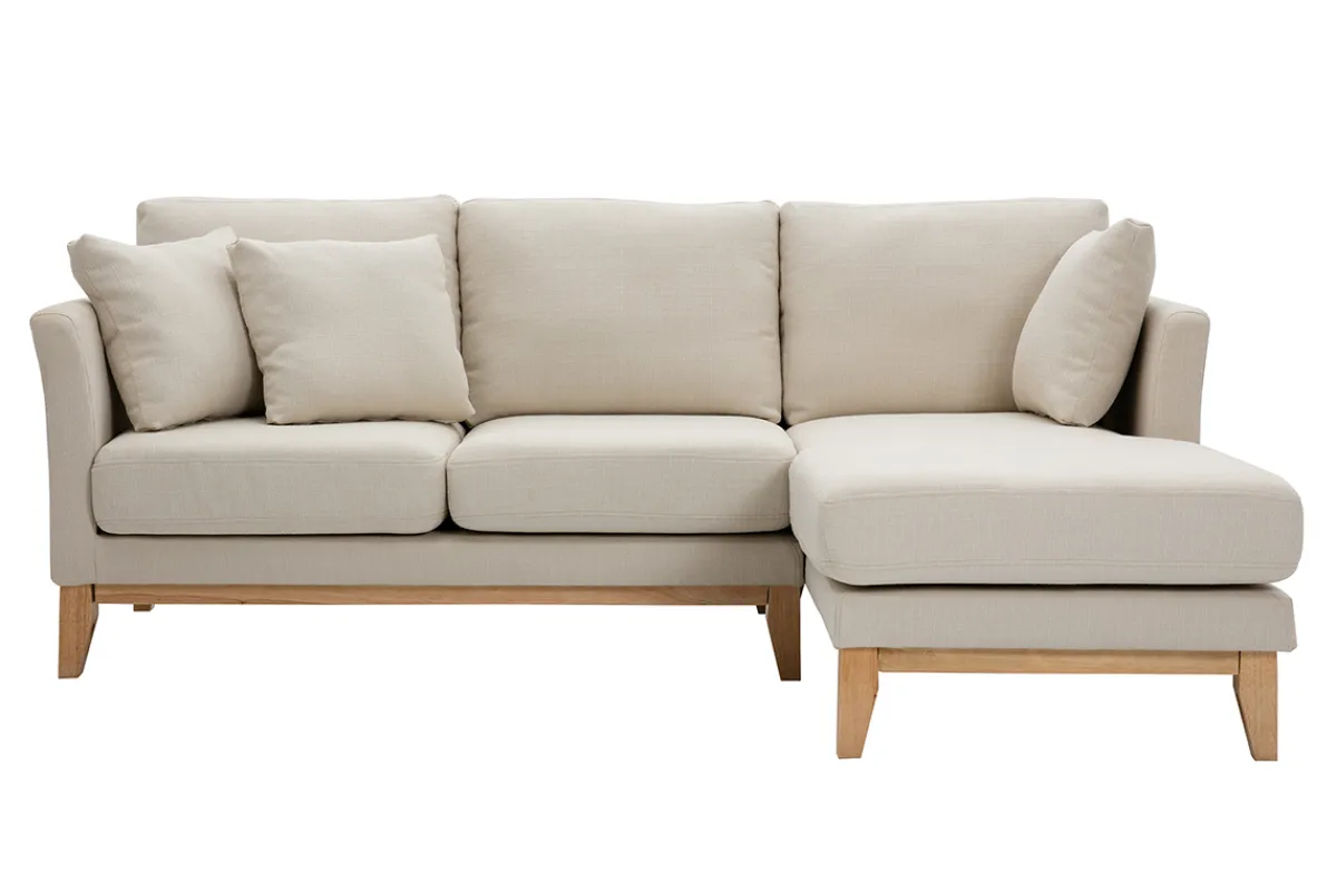 Miliboo Rechtsseitiges Ecksofa 4-Sitzer aus beigem Stoff mit abnehmbaren Bezug und hellem Holz OSLO* Ecksofas