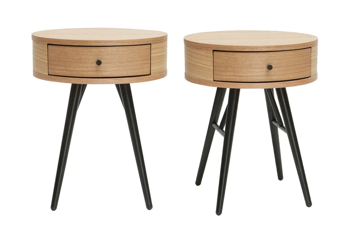 Miliboo Runde Nachttische mit Schublade aus hellem Holz und schwarzem Metall D41 cm (2er-Set) KORAL* Nachttische