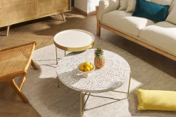 Miliboo Runder Couchtisch aus Terrazzo und goldfarbenes Metall D81 cm MEZZO* Couchtische