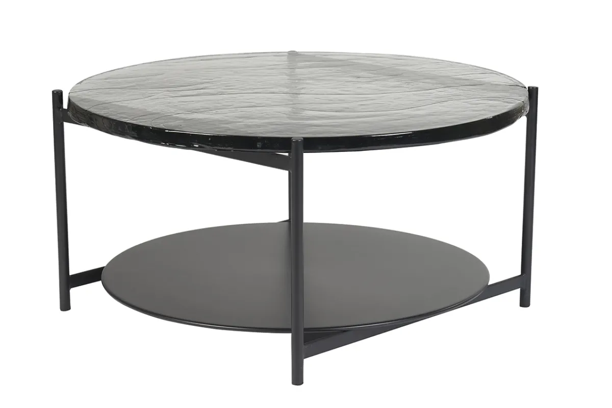 Miliboo Runder Couchtisch mit zwei Tischplatten aus recyceltem Glas und schwarzem Metall D85 cm WELLE* Couchtische