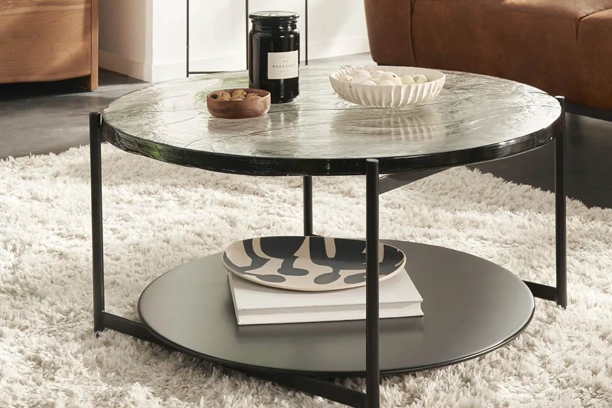 Miliboo Runder Couchtisch mit zwei Tischplatten aus recyceltem Glas und schwarzem Metall D85 cm WELLE* Couchtische