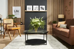 Miliboo Runder Couchtisch mit zwei Tischplatten aus recyceltem Glas und schwarzem Metall D85 cm WELLE* Couchtische