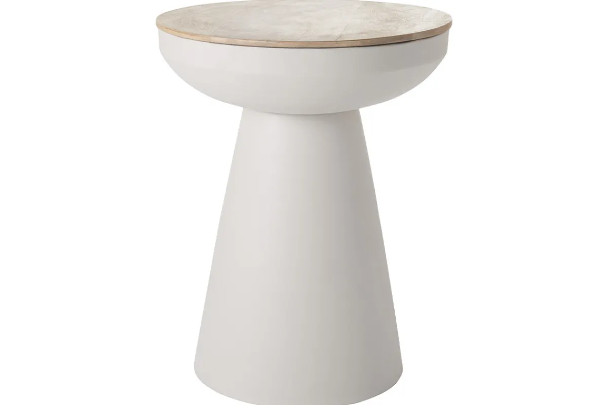 Miliboo Runder Design-Beistelltisch mit Ablage aus hellbeigem Metall und massivem Mangoholz H52 cm TAM* Beistelltische
