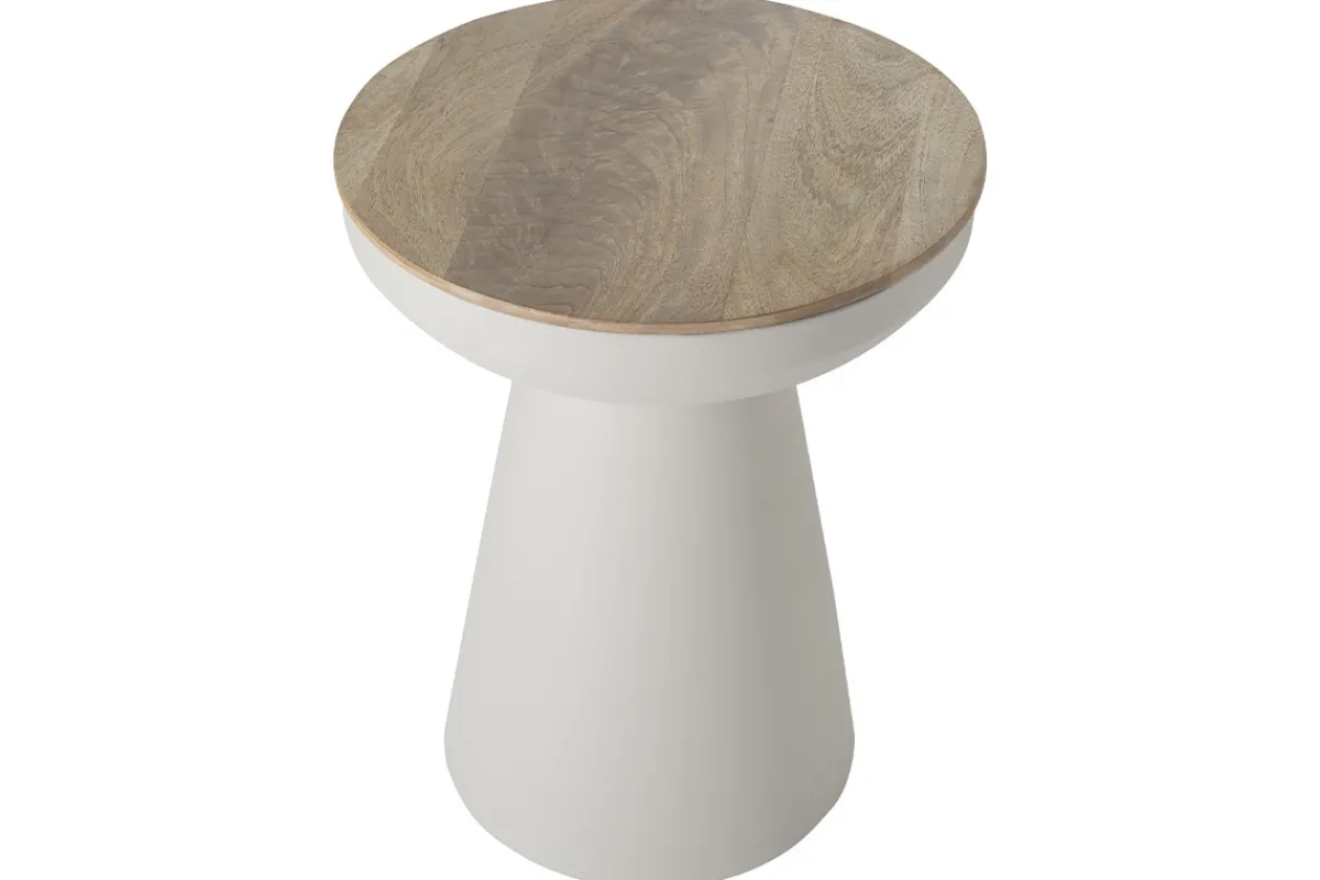 Miliboo Runder Design-Beistelltisch mit Ablage aus hellbeigem Metall und massivem Mangoholz H52 cm TAM* Beistelltische