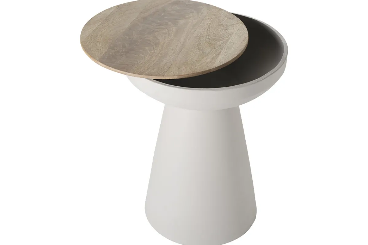 Miliboo Runder Design-Beistelltisch mit Ablage aus hellbeigem Metall und massivem Mangoholz H52 cm TAM* Beistelltische