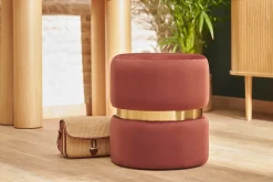 Miliboo Runder Pouf aus blauem Samt, ziegelrotem Rot und goldenem Metall D40 cm JOY* Sitzsäcke|Sitzsäcke