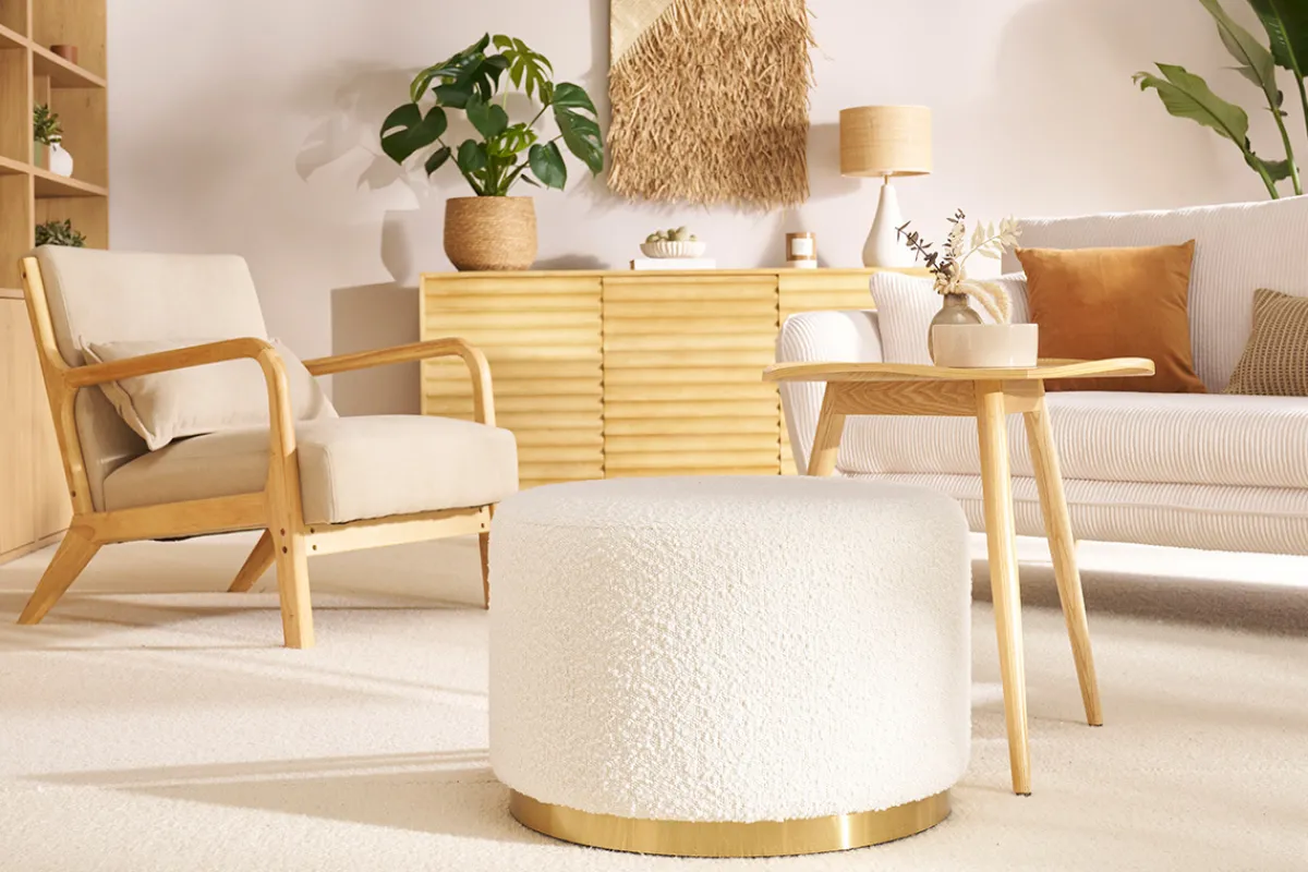 Miliboo Runder Pouf aus schimmerndem Wollmischgewebe in gebrochenem Weiß und goldfarbenem Metall D54 cm AMAYA* Sitzsäcke|Sitzsäcke