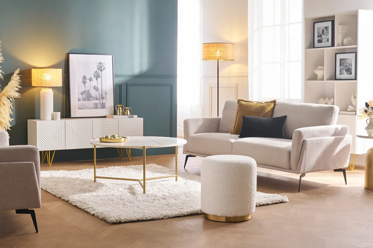 Miliboo Runder Samt-Pouf in petrolblau und goldfarbenem Metall D40 cm AMAYA* Sitzsäcke|Sitzsäcke