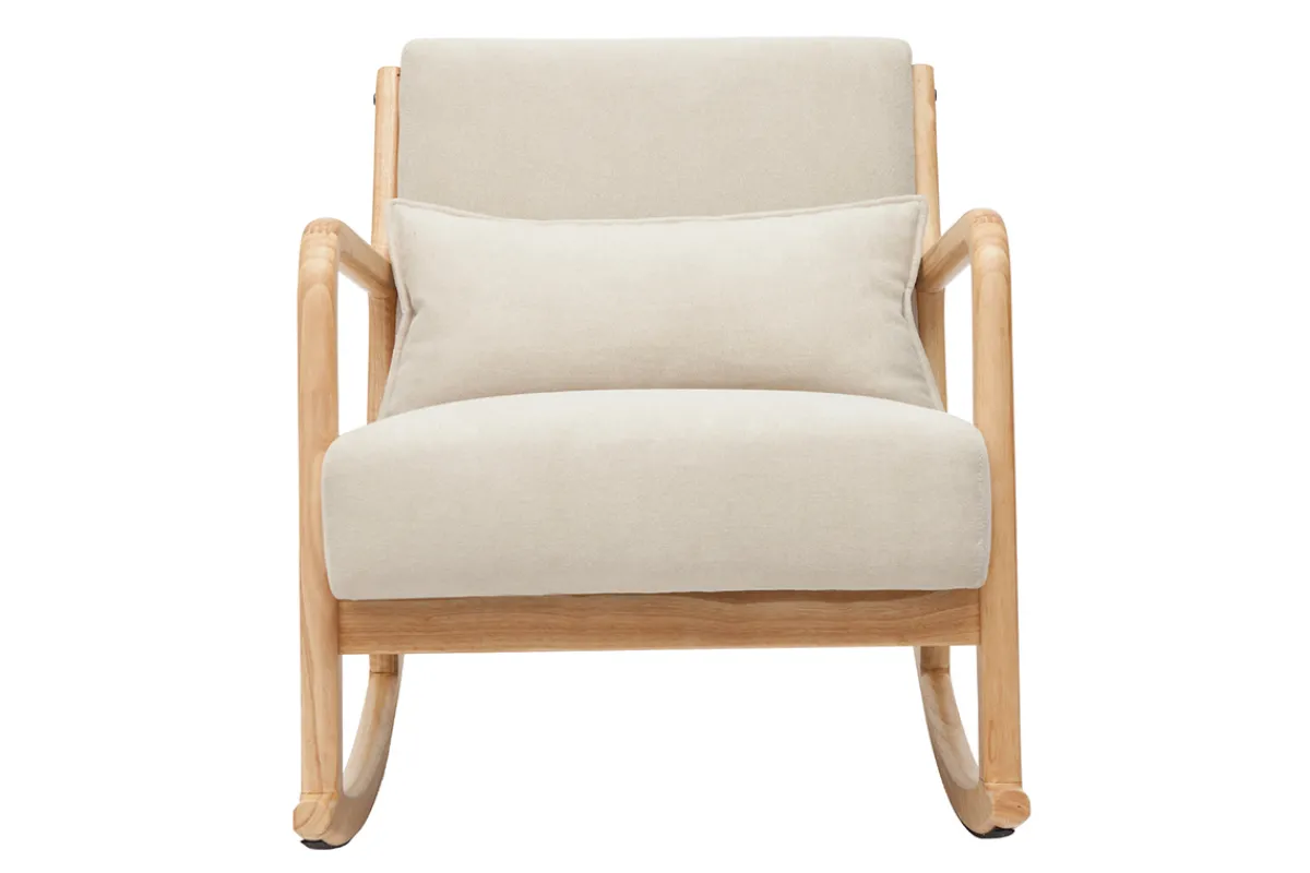 Miliboo Schaukelstuhl skandinavisch aus hellem Holz und beigem Stoff mit Samteffekt DERRY* Design-sessel|Schaukelstühle