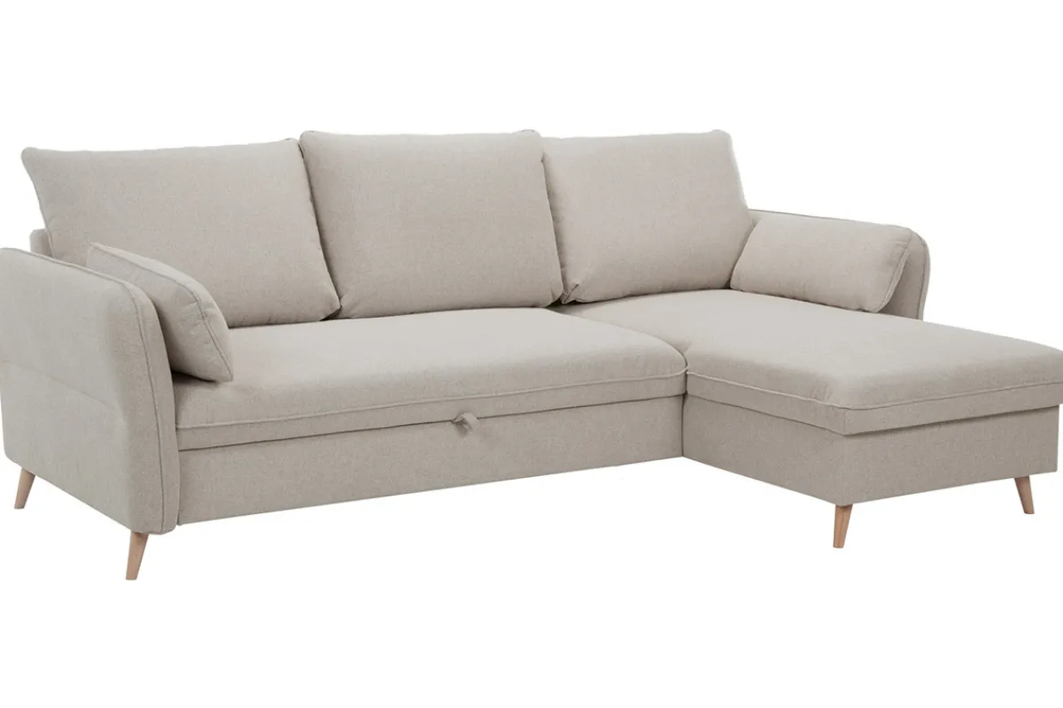 Miliboo Schlaf-Ecksofa mit Stauraum 3/4-Sitzer beiger Stoff und helles Holz DRISS* Schlafsofas|Ecksofas