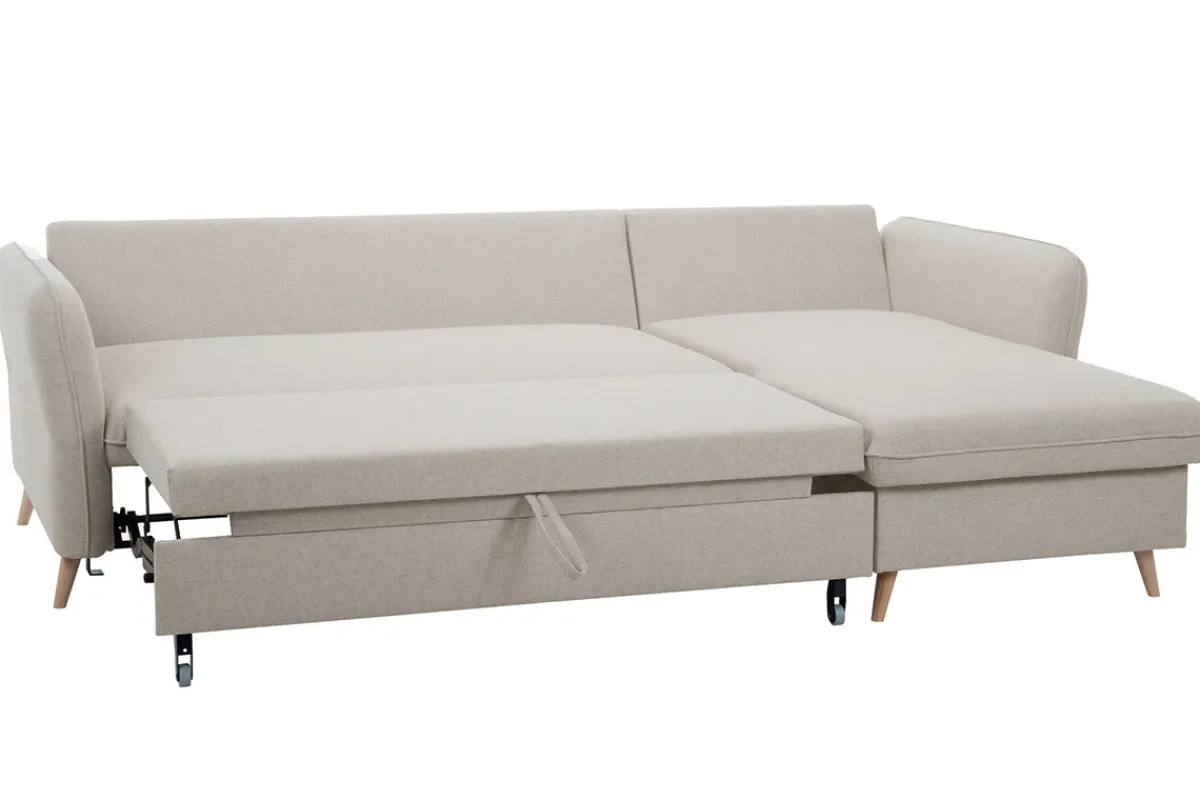 Miliboo Schlaf-Ecksofa mit Stauraum 3/4-Sitzer beiger Stoff und helles Holz DRISS* Schlafsofas|Ecksofas