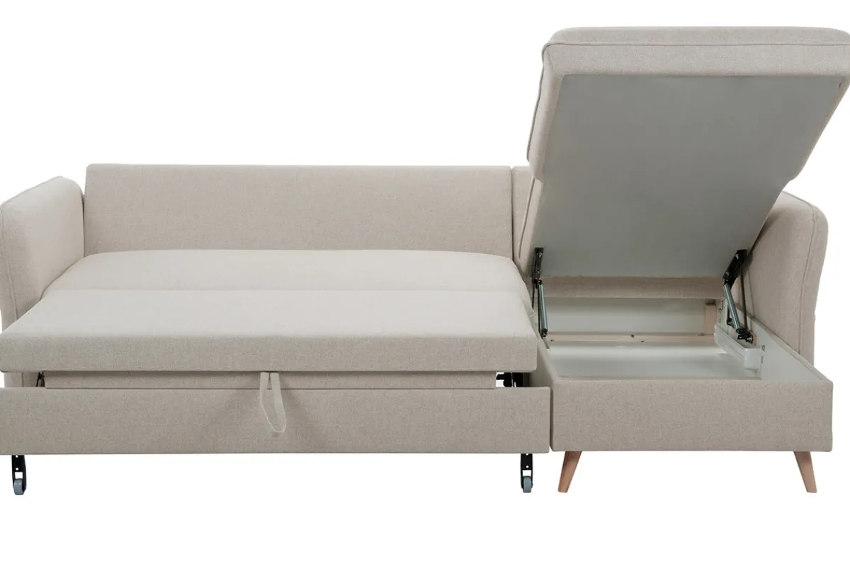 Miliboo Schlaf-Ecksofa mit Stauraum 3/4-Sitzer beiger Stoff und helles Holz DRISS* Schlafsofas|Ecksofas