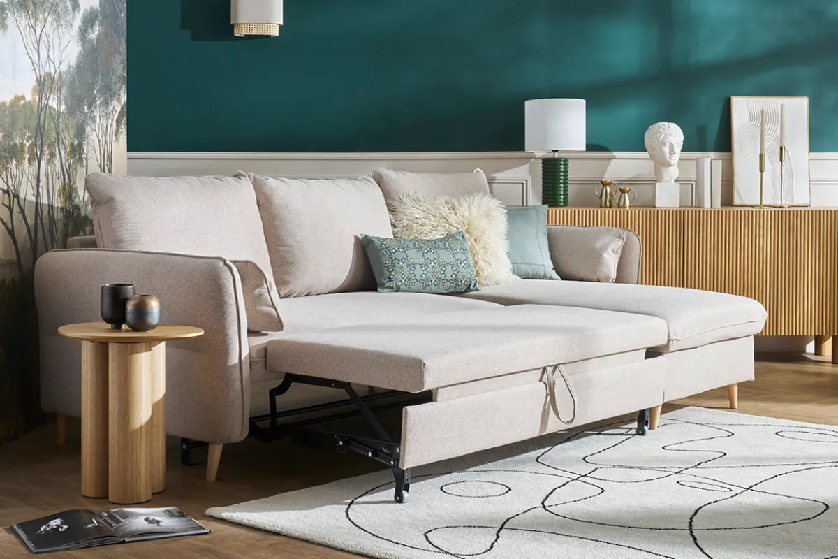 Miliboo Schlaf-Ecksofa mit Stauraum 3/4-Sitzer beiger Stoff und helles Holz DRISS* Schlafsofas|Ecksofas