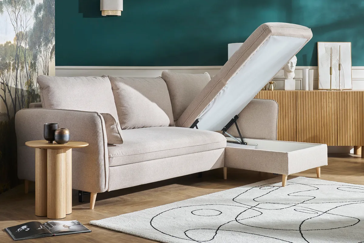 Miliboo Schlaf-Ecksofa mit Stauraum 3/4-Sitzer beiger Stoff und helles Holz DRISS* Schlafsofas|Ecksofas