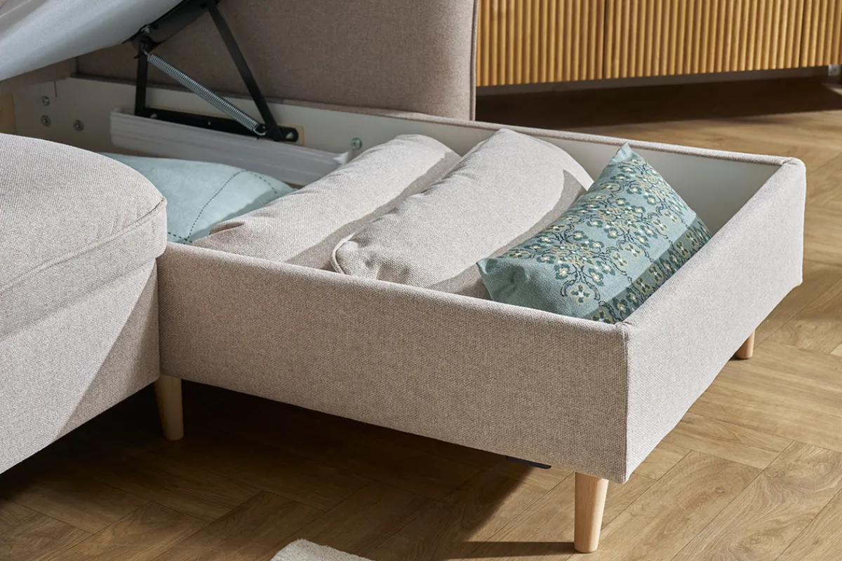 Miliboo Schlaf-Ecksofa mit Stauraum 3/4-Sitzer beiger Stoff und helles Holz DRISS* Schlafsofas|Ecksofas