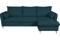 Miliboo Schlaf-Ecksofa mit Stauraum 3/4-Sitzer ozeanblauer Stoff und helles Holz DRISS* Schlafsofas|Ecksofas