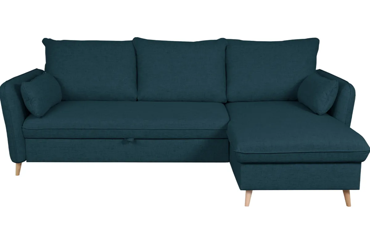 Miliboo Schlaf-Ecksofa mit Stauraum 3/4-Sitzer ozeanblauer Stoff und helles Holz DRISS* Schlafsofas|Ecksofas