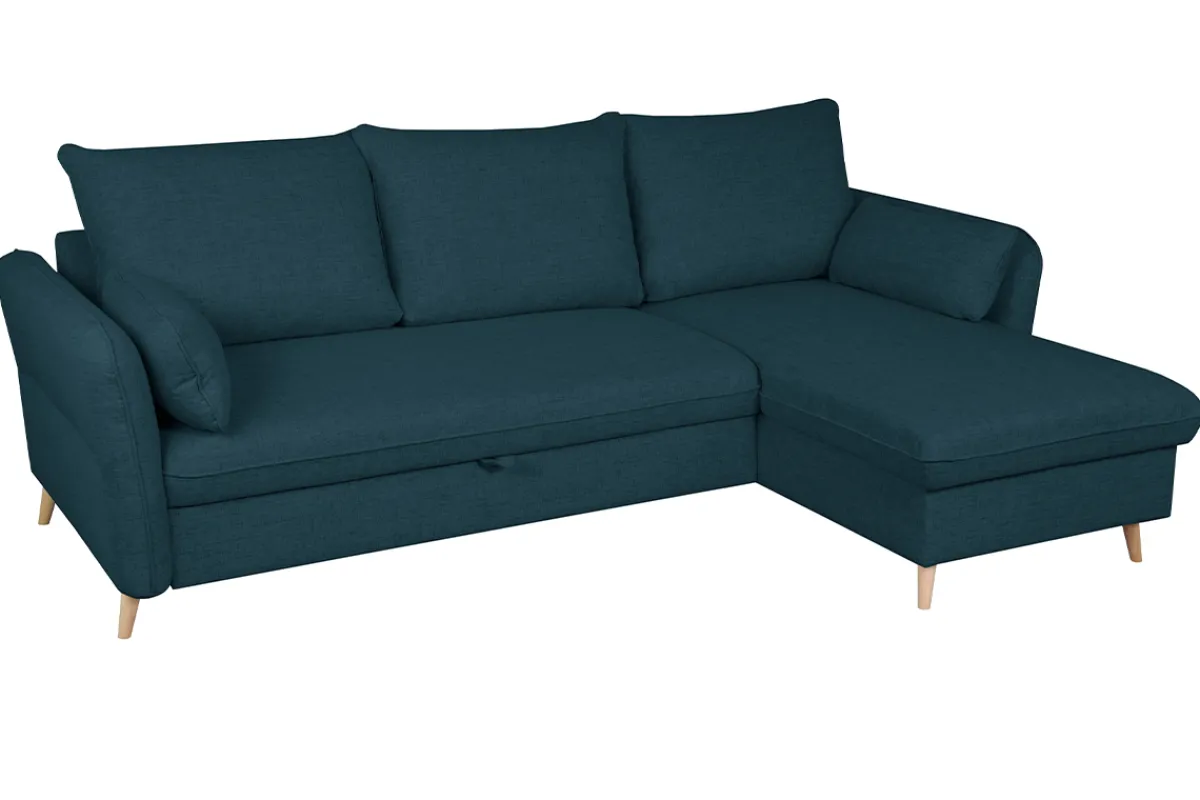 Miliboo Schlaf-Ecksofa mit Stauraum 3/4-Sitzer ozeanblauer Stoff und helles Holz DRISS* Schlafsofas|Ecksofas