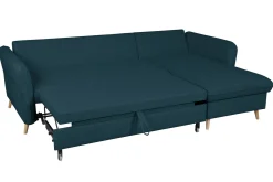 Miliboo Schlaf-Ecksofa mit Stauraum 3/4-Sitzer ozeanblauer Stoff und helles Holz DRISS* Schlafsofas|Ecksofas